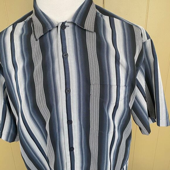 Batik Bay men L button up short sleeve stripe casual dress shirt black & tan - Picture 2 of 10